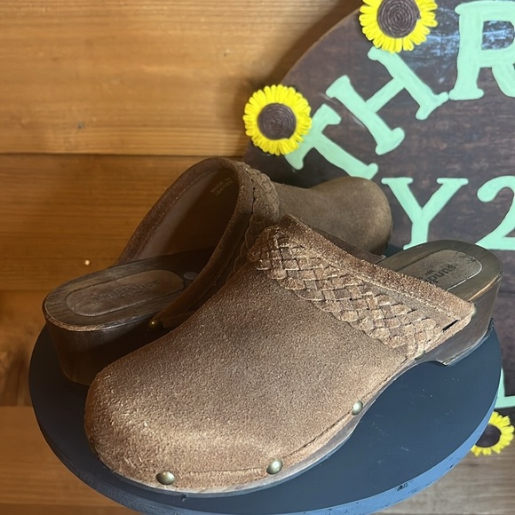 Sundance Suede Leather Mule Clog Wood Shoe Slip on Brown Braided Stud - Picture 2 of 7